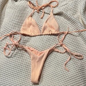 Ribbed Peach Triangle Tie-Side Bikini Set